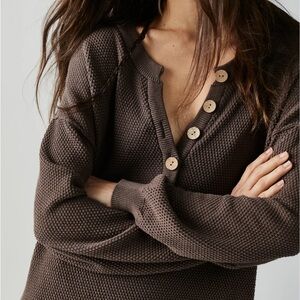 Free People Waffle-Knit V-Neck Sweater in Chocolate Brown